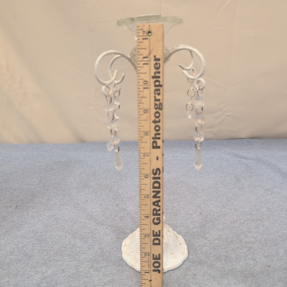 Cast Iron Taper Candle Holder Shabby Chic White Distressed Crystal Prisms - Picture 7 of 7